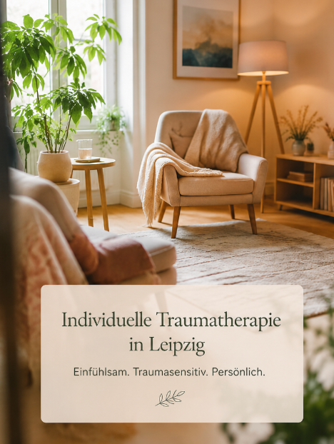 Heller und einladender Therapieraum mit gemütlichem Sessel, Pflanzen und warmer Atmosphäre als Symbol für individuelle Traumatherapie in Leipzig, traumasensitive Begleitung und einen geschützten Raum für Frauen und Mütter.